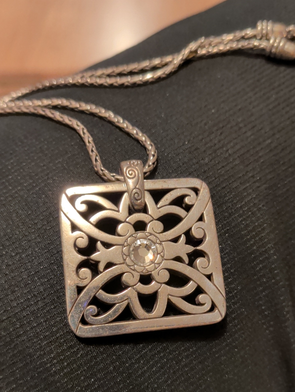 Sterling-Color Filigree Square Pendant Necklace with Clear Crystal Accent